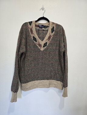 Vintage Polo by Ralph Lauren Beige V-Neck Argyle Accent Knit Sweater